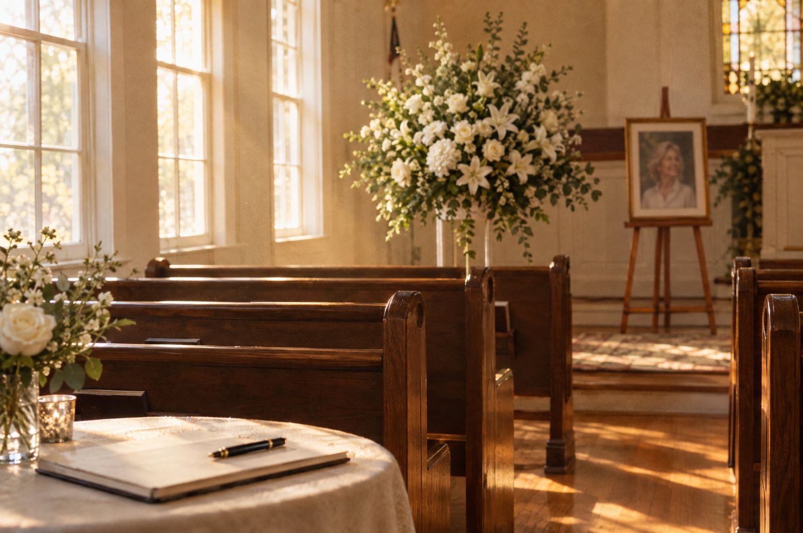 A small chapel prepared for a celebration of life, white roses and lilies at the front and a framed portrait on an easel in warm window light