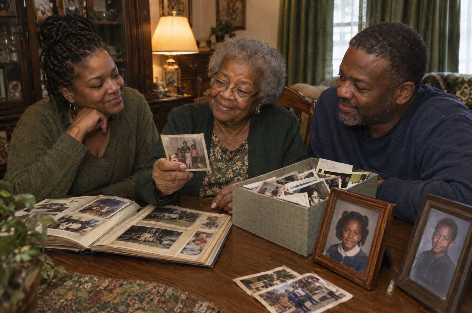 A grandmother shares old family snapshots and school pictures of the grandchildren with her grown son and daughter