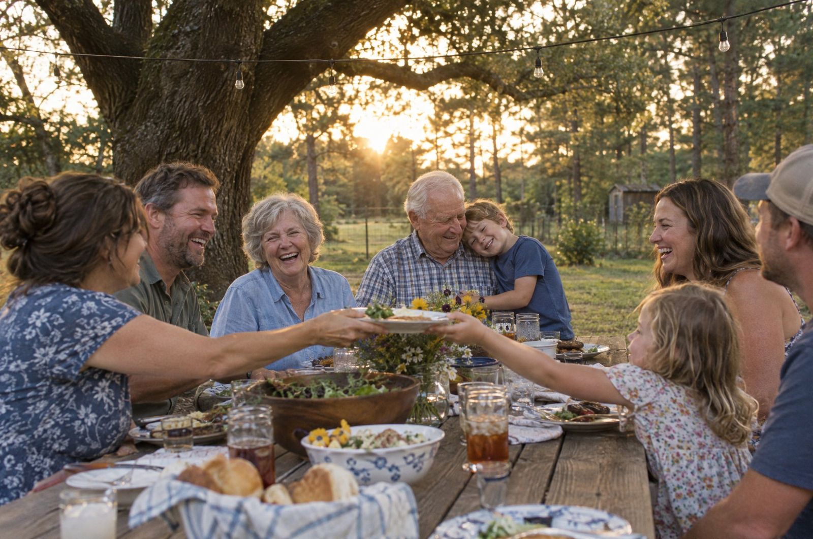 Three generations of a family laughing around a picnic table under an oak tree