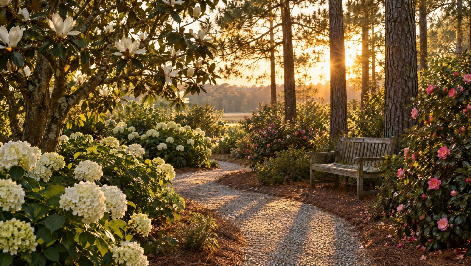 A garden path lined with white hydrangeas and camellias leading to a bench under pine trees at golden hour