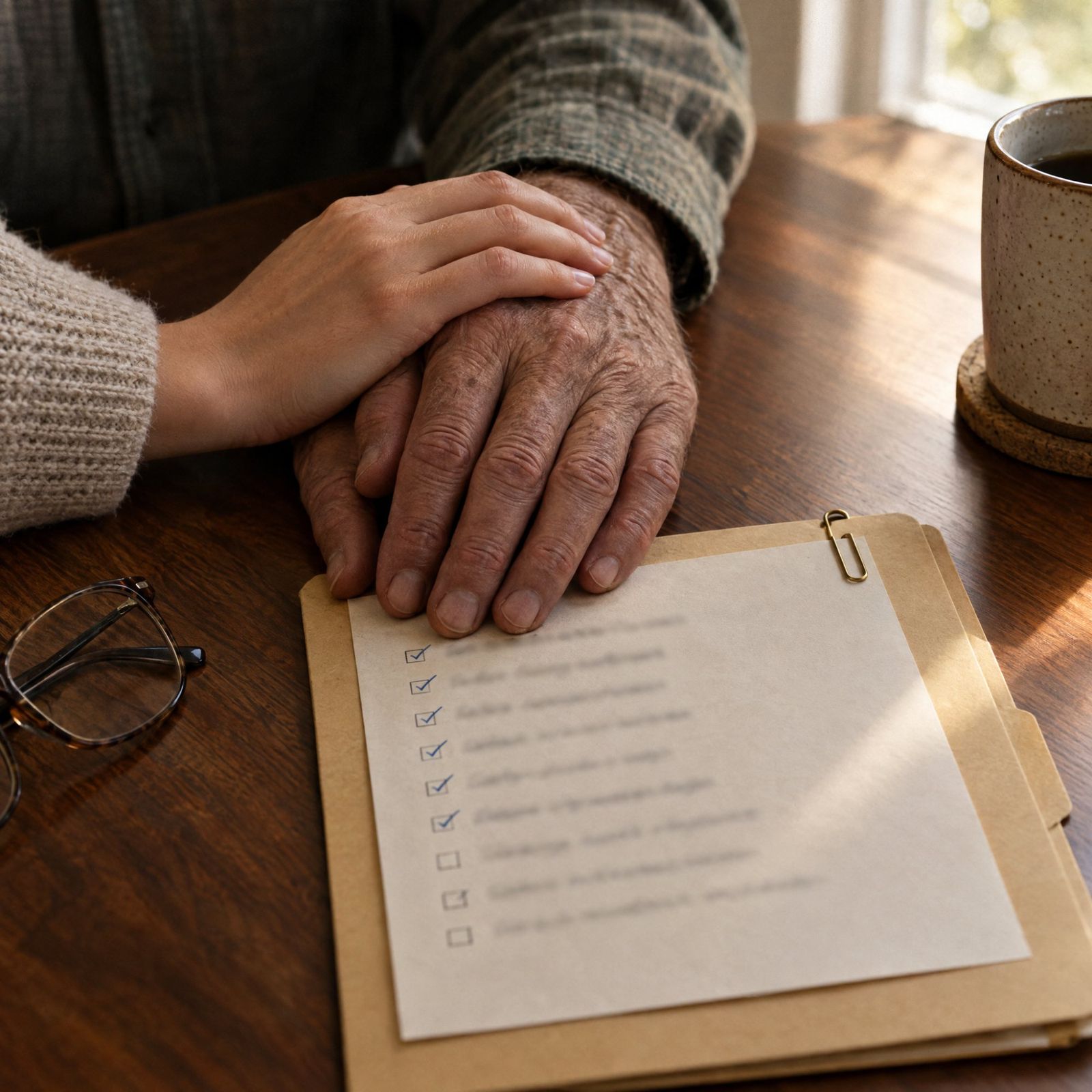 An older man's hand and his daughter's hand resting on a folder with a checklist