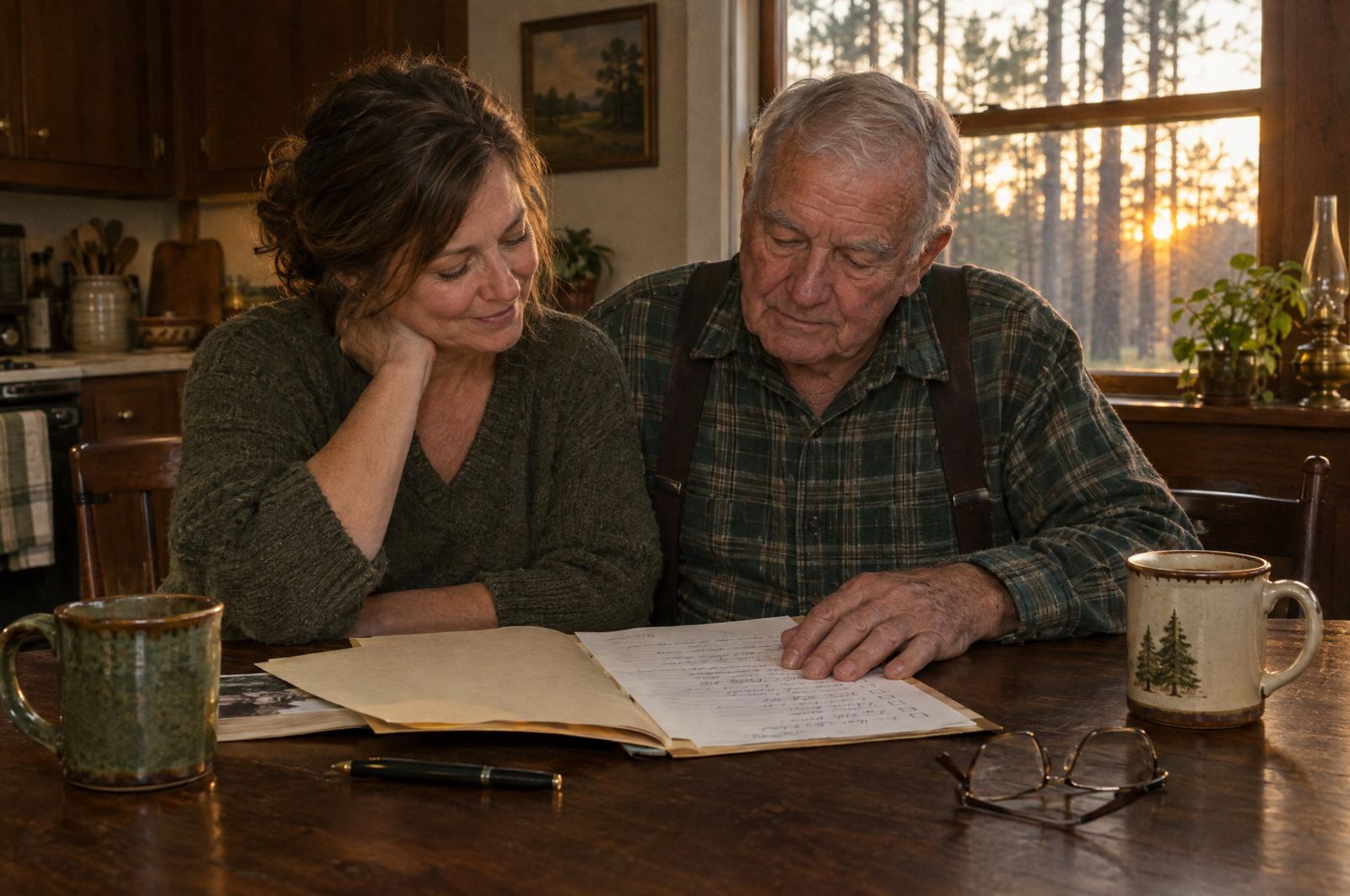 A daughter and her father at a walnut kitchen table, looking through a folder of papers together in evening light