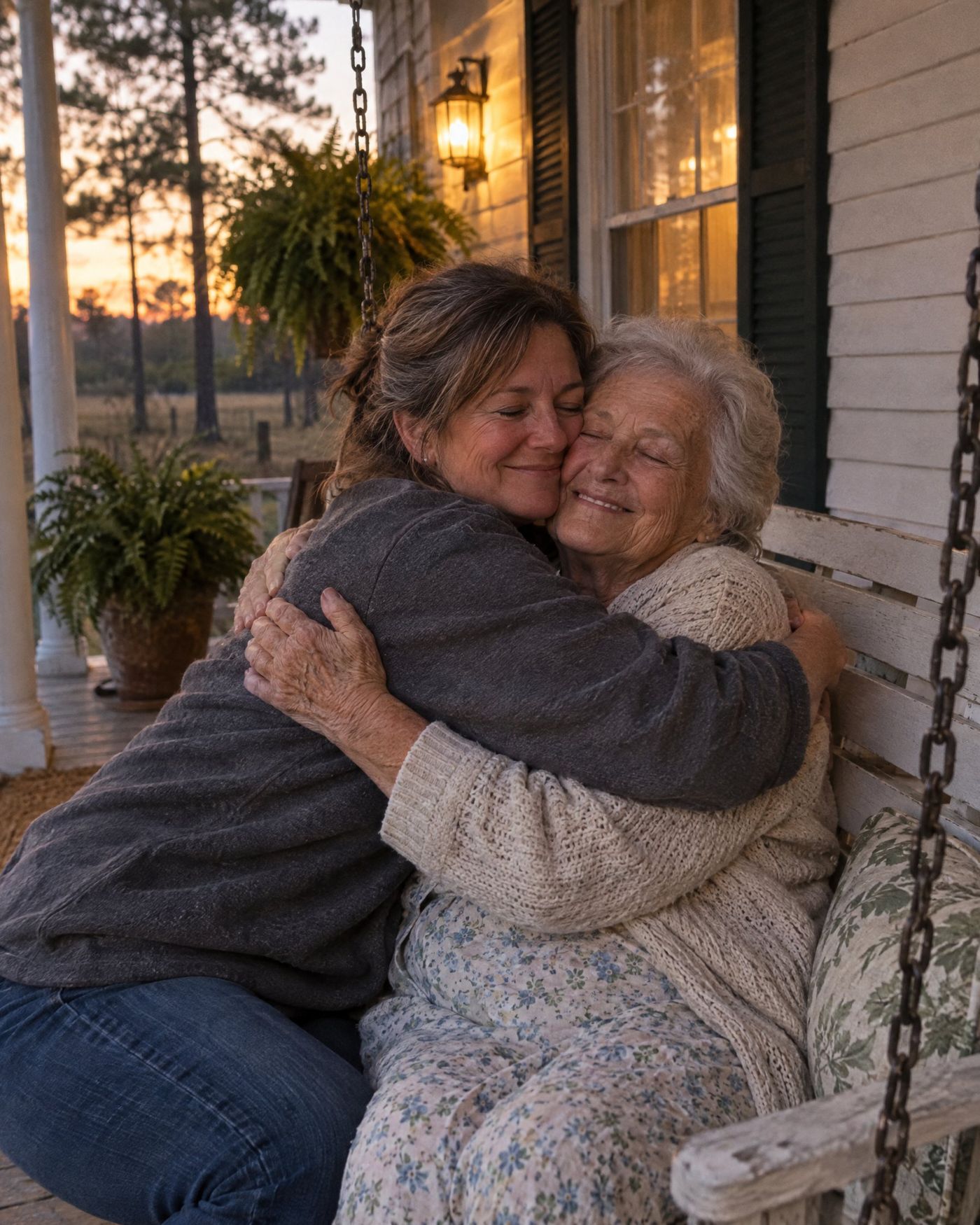 A woman hugs her elderly mother on a porch swing at dusk