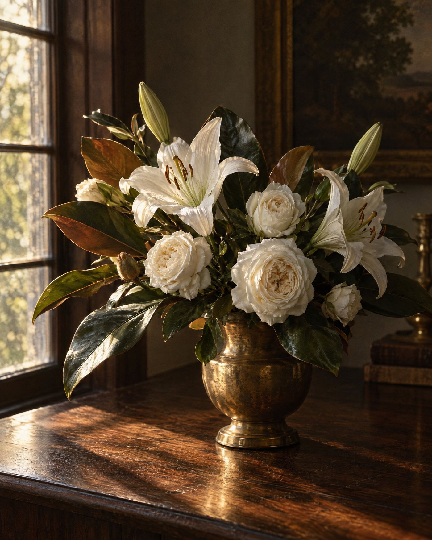 White lilies and roses in a brass vase on a walnut table in golden window light